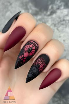 Classy Halloween Nails: Elevate Your Style with Spooky Sophistication 67 Black And Red Nails Matte, Halloween Goth Nails, Black And Burgundy Nail Designs, Fancy Halloween Nails, Gothic Fall Nails, Burgundy Black Nails, Vampire Inspired Nails, Burgundy Halloween Nails, Black And Burgundy Nails