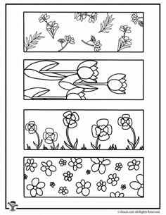 the four stages of flower coloring pages with flowers and leaves on them, including one for each