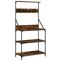 an industrial shelving unit with three shelves and two hooks on the top, one shelf has