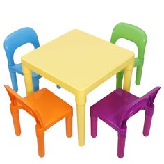 three children's plastic chairs and a table with one child's chair in different colors