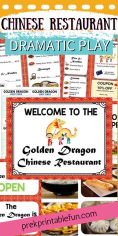 an advertisement for the golden dragon chinese restaurant with pictures of food and words on it