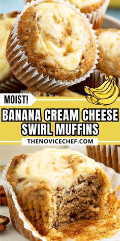 banana cream cheese swirl muffins on a plate with the words, most and least