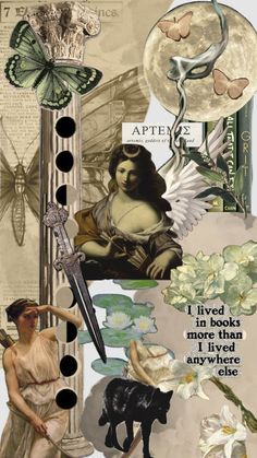 the collage shows an angel, a woman and a clock with flowers on it