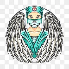 an angel wearing a surgical mask with wings on his head, in the shape of a circle