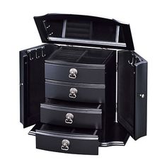 an open black jewelry box with three drawers