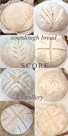 the steps to making bread are shown in four different stages, including dough and cross - stitching