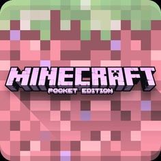 the logo for minecraft pocket edition on a pink and green background with small squares