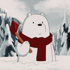 a polar bear holding a red flag in the snow