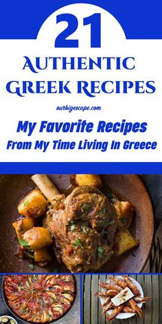 the cover of 21 authentic greek recipes, with pictures of different dishes and text overlay