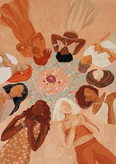 a painting of people sitting around a round table with hats on it's head