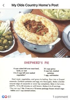 an old country home's postcard shows the recipe for shepherd's pie