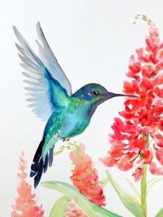 a painting of a hummingbird flying over flowers