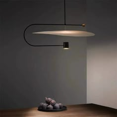 some food is sitting on a plate in the middle of a room with two lights above it