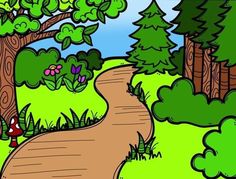 a drawing of a path in the woods with trees and flowers on either side that leads to a mushroom