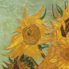 a painting of sunflowers on a green background