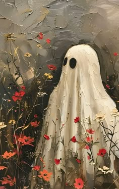 a painting of a white ghost surrounded by red flowers