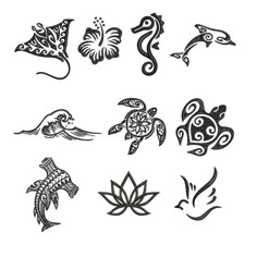 the different tattoos are drawn in black and white, including one with a sea turtle