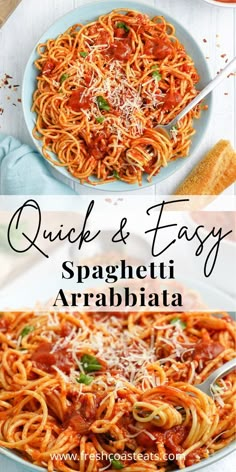 A stacked image pin with an overhead image of spaghetti arrabbiata in a blue bowl on top and a close of image of pasta wrapped around a fork on the bottom. Recipes With Petite Diced Tomatoes, Spaghetti Sauce Diced Tomatoes, Pasta Diced Tomatoes Recipe, Diced Tomatoes Pasta Sauce, Spaghetti With Diced Tomatoes, Pasta And Diced Tomato Recipes, Pasta Sauce With Crushed Tomatoes, Crushed Tomatoes Spaghetti Sauce, Crushed Tomato Pasta Sauce