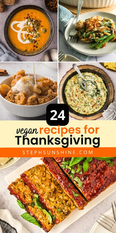 four pictures with the words, 24 vegan recipes for thanksgiving