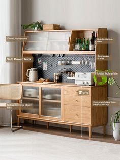 an image of a kitchen with labeled parts on the sideboard and in front of it