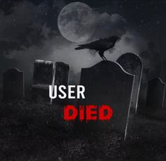 a black crow sitting on top of a grave in front of a full moon with the words user died