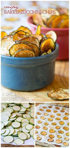 baked zucchini chips in blue bowl on wooden table