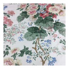 a floral wallpaper with pink, blue and green flowers on white groundcloths