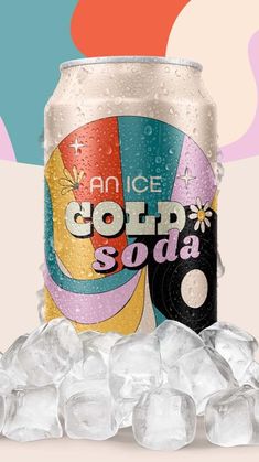 an ice cold soda can sitting on top of a pile of ice cubes in front of a multicolored background