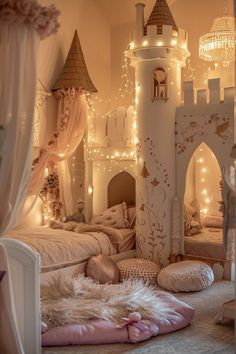 a princess bedroom with fairy lights on the walls and castle bed in the corner,