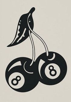 a black and white drawing of two cherries with the number eight on it's side