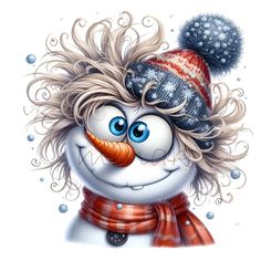 a cartoon snowman wearing a hat and scarf with long hair, blue eyes and brown nose