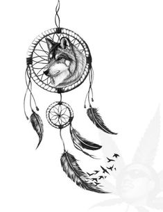 a drawing of a wolf in a dream catcher