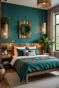 a bedroom decorated in teal and white with wooden headboard, green bedding, potted plants and hanging lights