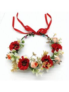 Rojo Casual,Elegante Collar  Poliéster   Embellished Red Flower Headband, Flower Crown Hair, Red Flower Crown, Bridal Hair Wreath, Ribbon Hair Ties, Rose Flower Crown, Flower Crown Hairstyle, Bridal Headwear, Crown Hair