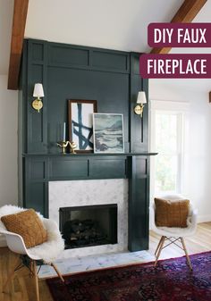 a living room with a fireplace and two chairs in front of the fire place that is painted dark green