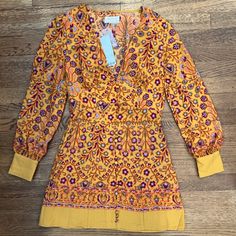 Nwt Such A Fun Dress!! Looks Great With Knee High Boots. The Cut Is Very Flattering With A Deep V-Neck. Fun Dress, Dress Looks, Urban Dresses, Urban Outfitters Dress, 70s Dress, 70s Inspired, Long Sleeve Mini Dress, Yellow Orange, Deep V Neck