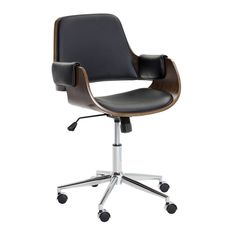 an office chair with black leather and chrome wheels