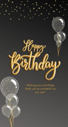 a birthday card with balloons, stars and confetti in gold foil on a black background