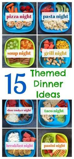 a collage of different types of food in plastic containers with the words,'15 themed dinner ideas '