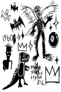 black and white drawing of monsters