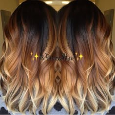 Cooper Medium Hair Color, Ombre Hair Ideas For Brunettes, Bold Ombre Hair, Tiger Hair Color, Dark Brown To Strawberry Blonde, Summer To Fall Hair, Summer Balayage Hair, Fall Ombre Hair, Hair Color For Dark Hair