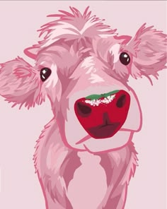 a painting of a pink cow with green eyes