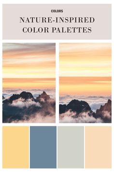 the color palette is shown in shades of blue, yellow and grey with clouds below