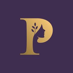 the letter p with a woman's face and leaves on it is shown in gold