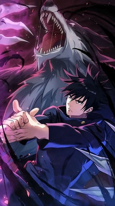 an anime character is holding his hand up to the camera with a shark in the background