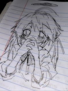 a drawing of an anime character on lined paper