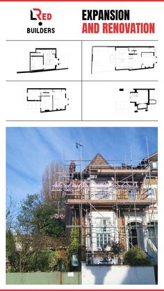 the front and back side of a house with scaffolding on it