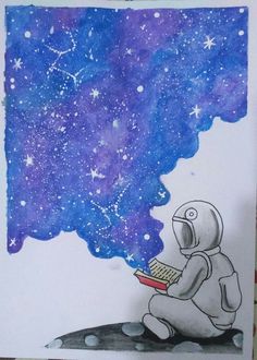 a drawing of an astronaut reading a book under the night sky with stars in the background