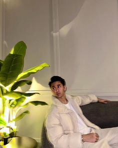 a man sitting on top of a couch next to a plant