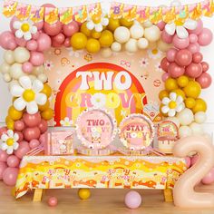 a two year old birthday party with balloons and decorations